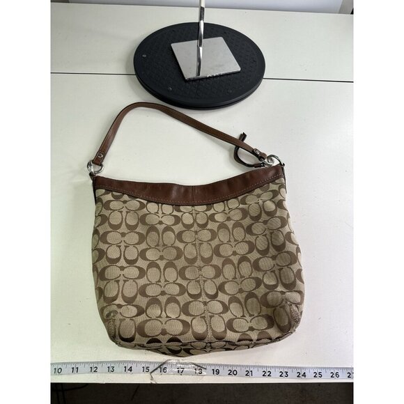 WORN - COACH F13744 Brown Signature Ashley Shoulder Leather trim Hobo Bag - Picture 4 of 12